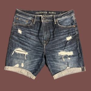 American Eagle AE AirFlex+ 9" Denim Short, dark wash, distressed, men’s shorts